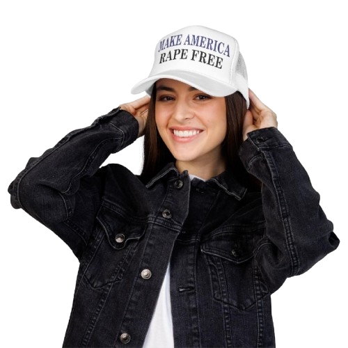 Woman wearing Make America Rape Free hat