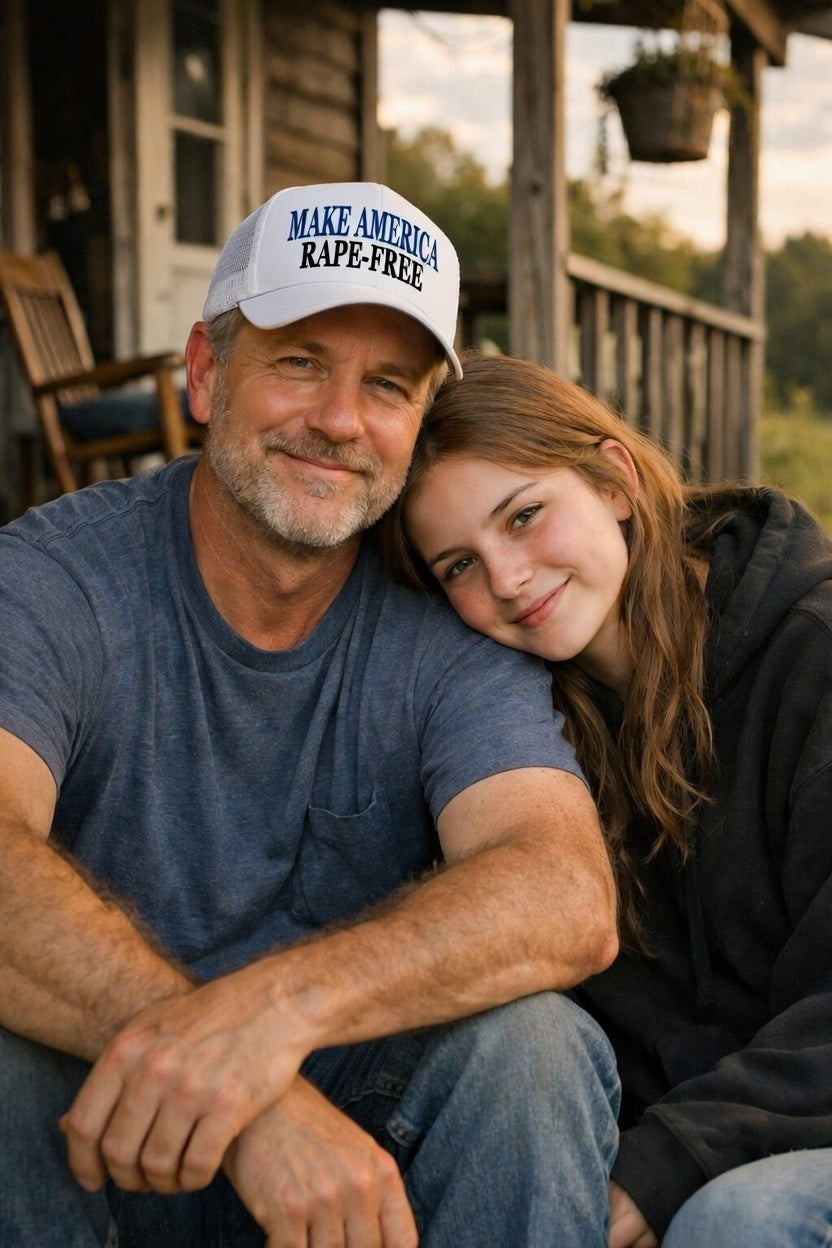 Father and daughter on porch wearing Make America Rape Free hat