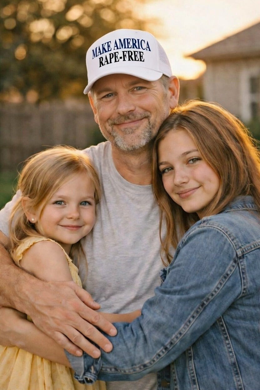 Father with two daughters wearing Make America Rape Free hat
