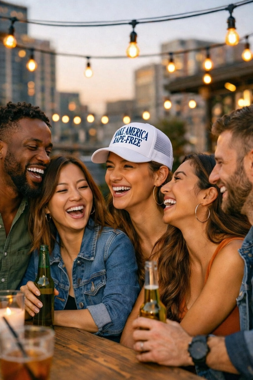 Friends at rooftop bar wearing Make America Rape Free hat